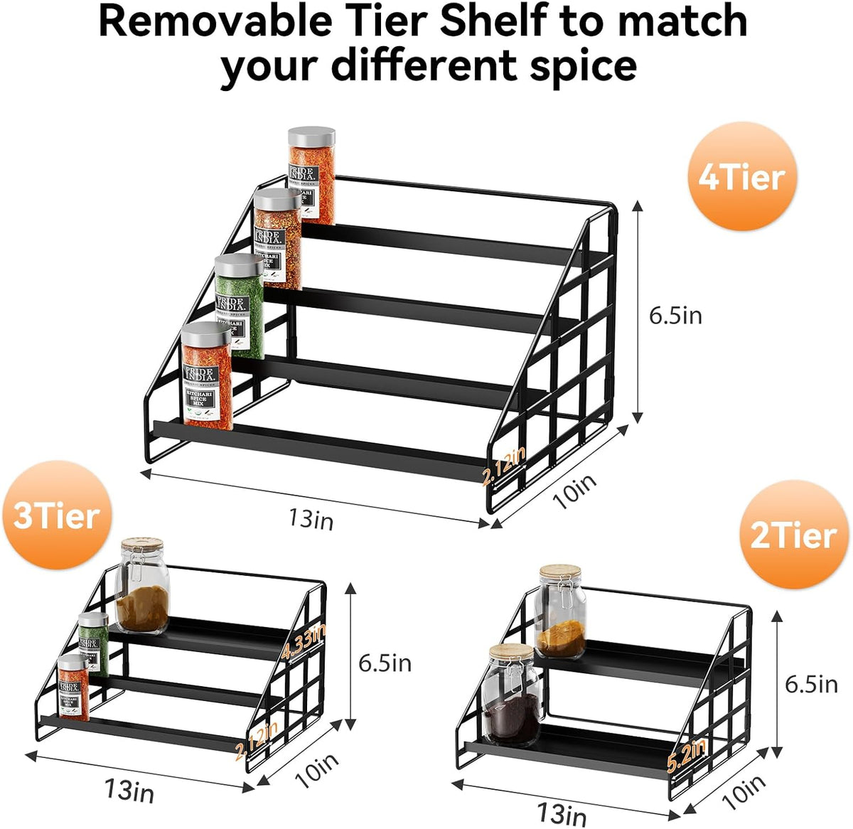 Bunoxea 4 Tier Adjustable Spice Rack for Cabinet & Countertop, Black | Depth Adjustable,Anti-drop Guard Rail,Tiered Cabinet Organizer,Holds 24+ Jars,for Cabinet, Pantry & Kitchen Countertop