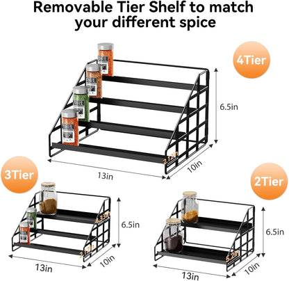 Bunoxea 4 Tier Adjustable Spice Rack for Cabinet & Countertop, Black | Depth Adjustable,Anti-drop Guard Rail,Tiered Cabinet Organizer,Holds 24+ Jars,for Cabinet, Pantry & Kitchen Countertop