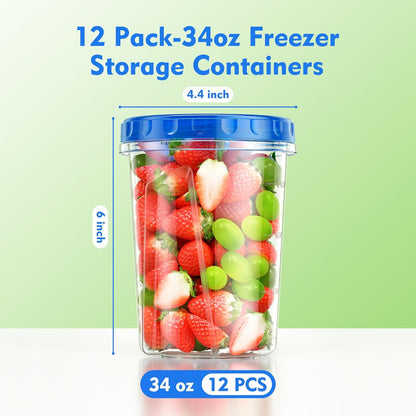BiuLeon 12 Pack- 34/24/17oz Freezer Storage Containers, Plastic Food Storage Containers with Twist Top Lids, BPA Free and Reusable Soup Containers with Lids, Leakproof/Microwave/Dishwasher Safe