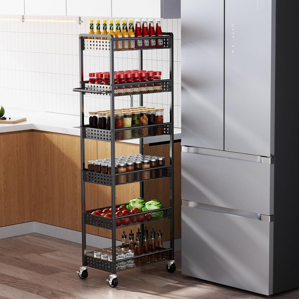 5 Tier Kitchen Storage Cart with Wheels, Utility Fruit Vegetable Storage Rack Stand with Pull-Out Baskets & Wood Top, Metal 4-Drawers Rolling Snack Cart, Kitchen Cart for Potato Onion(Black)