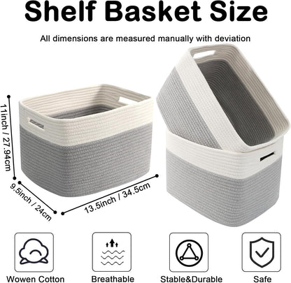 3 Pack Woven Rope Storage Baskets for Shelves,13.5"×11"×9.5" Storage Bins with Handles,Empty Gift Baskets,Nursery Organizer for Toys,Towels,Books,Closet,Living Room,Bedroom (White & Brown)