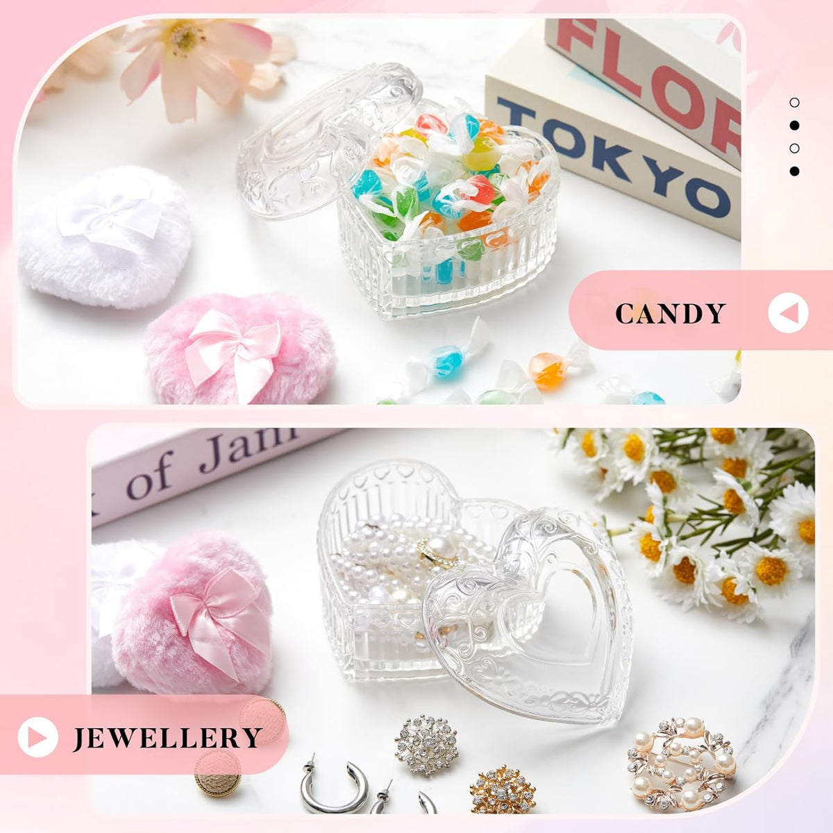 Tioncy 3 Pcs Large Body Powder Puff and Container Valentine's Day gift Powder Container with Puff Crystal Case Soft Washable Reusable Velour Face Body Glitter Wet Dry Makeup (Classic,Clear)