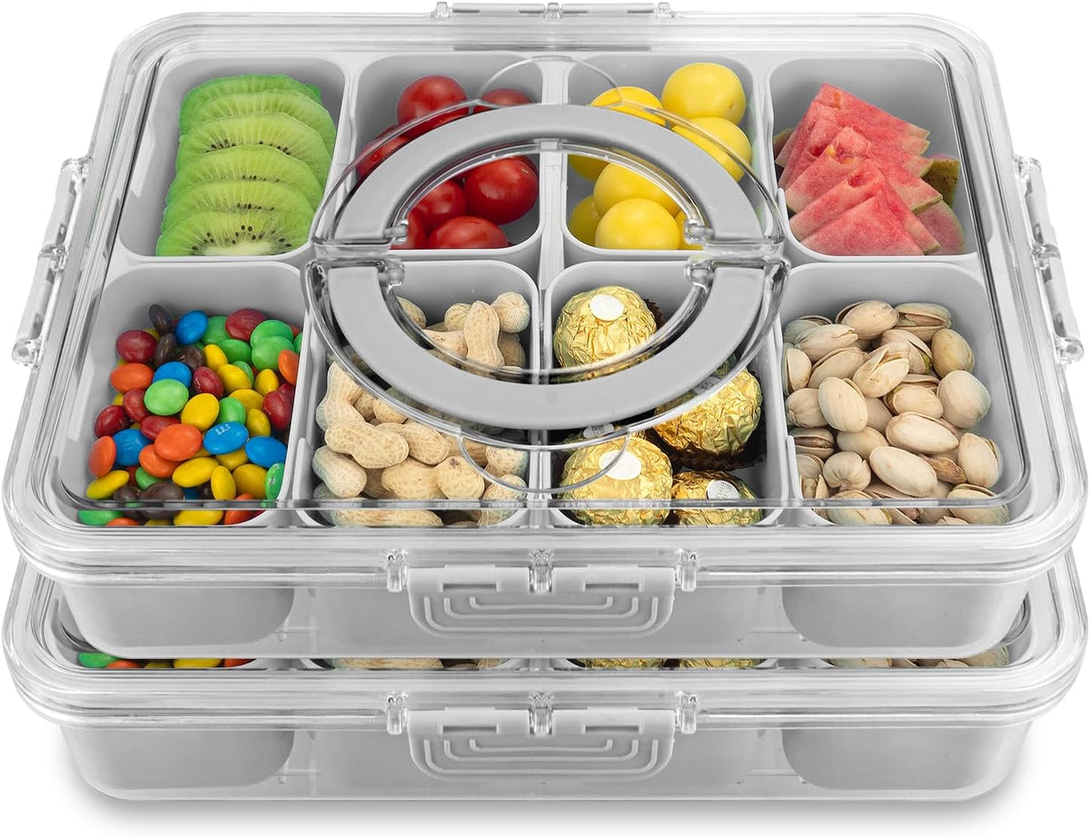 Divided Serving Tray with Lid and Handle,8 Compartments Snacks Box,Snack Fruit Tray,Veggie Tray,Portable Platter for Candy Fruits Nuts Snack Party Entertaining Picnic