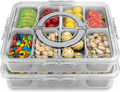 Divided Serving Tray with Lid and Handle,8 Compartments Snacks Box,Snack Fruit Tray,Veggie Tray,Portable Platter for Candy Fruits Nuts Snack Party Entertaining Picnic