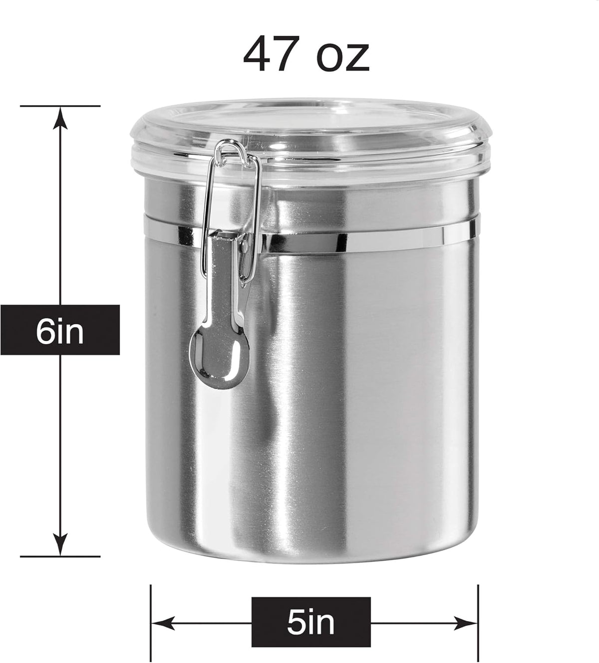 Oggi Stainless Steel Kitchen Canister 152 fl oz - Airtight Clamp Lid, Clear See-Thru Top - Ideal for Kitchen Storage, Food Storage, Pantry Storage. Jumbo Size 8" x 8".