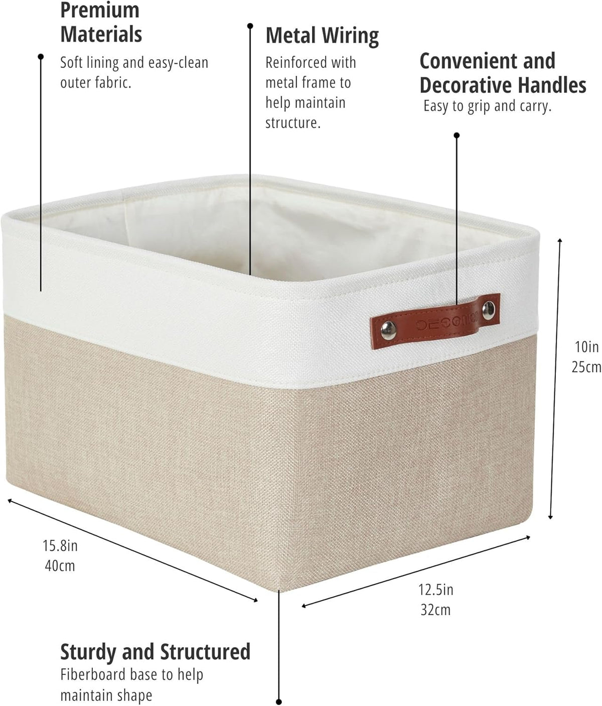 DECOMOMO Storage Bins, Large Fabric Storage Baskets for Shelves, Decorative Linen Closet Organizer, 15 x 11 x 9.5 inches (Beige & White, 3 Pack)