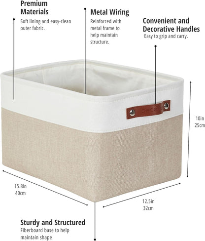 DECOMOMO Storage Bins, Large Fabric Storage Baskets for Shelves, Decorative Linen Closet Organizer, 15 x 11 x 9.5 inches (Beige & White, 3 Pack)