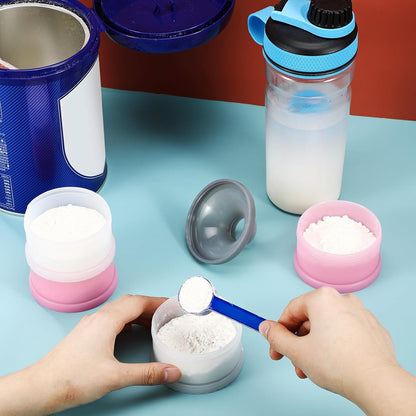 Baderke 2 Pcs Protein Powder Container with Funnels Stand, 4 Stackable Leakproof Protein Powder Dispenser, Portable Keychain Powder Container for Workout, Fitness, Travel(Gray, White)
