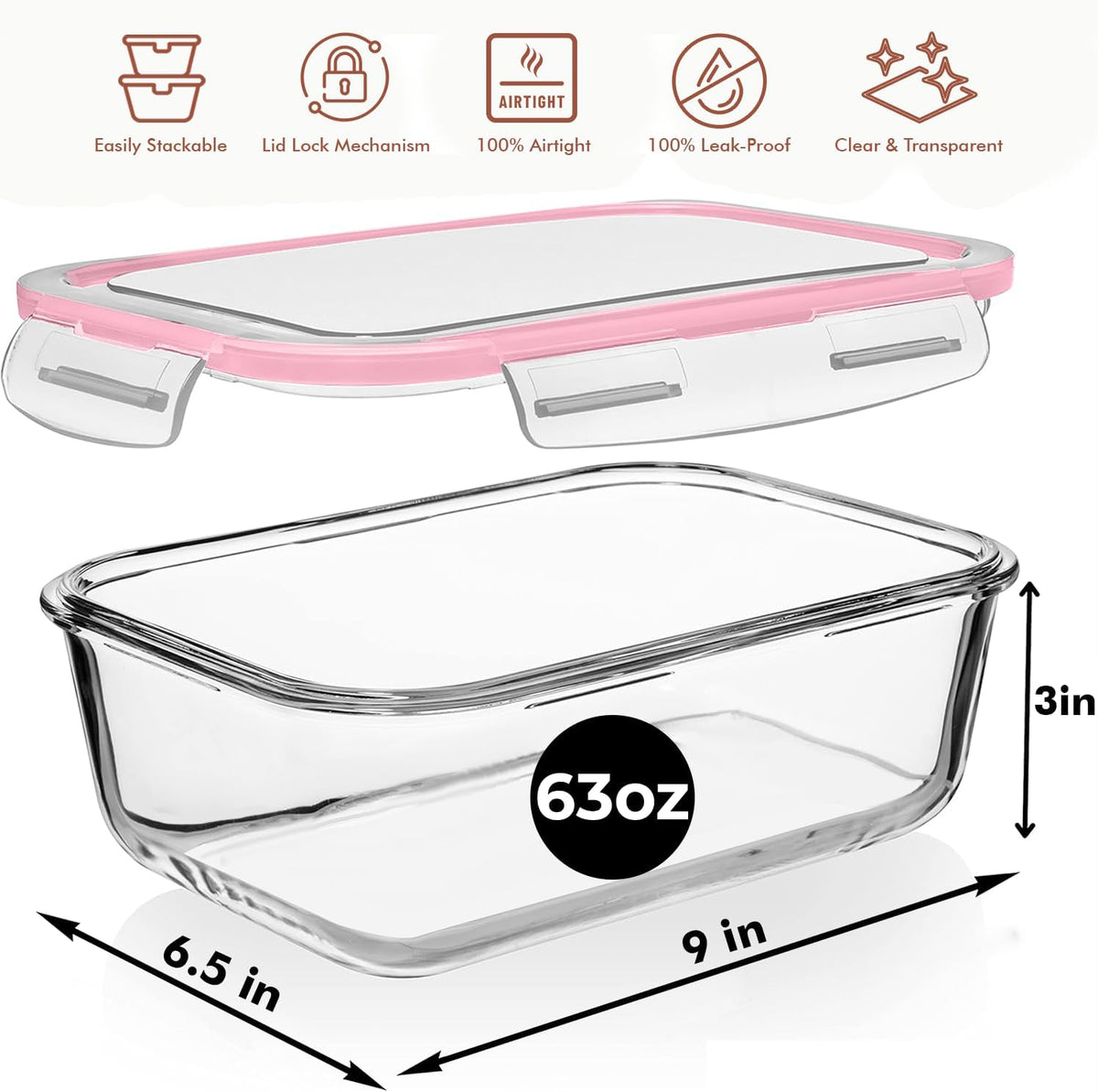 8 Cups/ 63 Oz 4 Piece (2 containers + 2 Lids) Large Glass Food Storage/ Baking Containers with Locking Lids . Ideal for Storing food, vegetables or fruits. BPA Free & Leak Proof -Microwave, Oven Safe