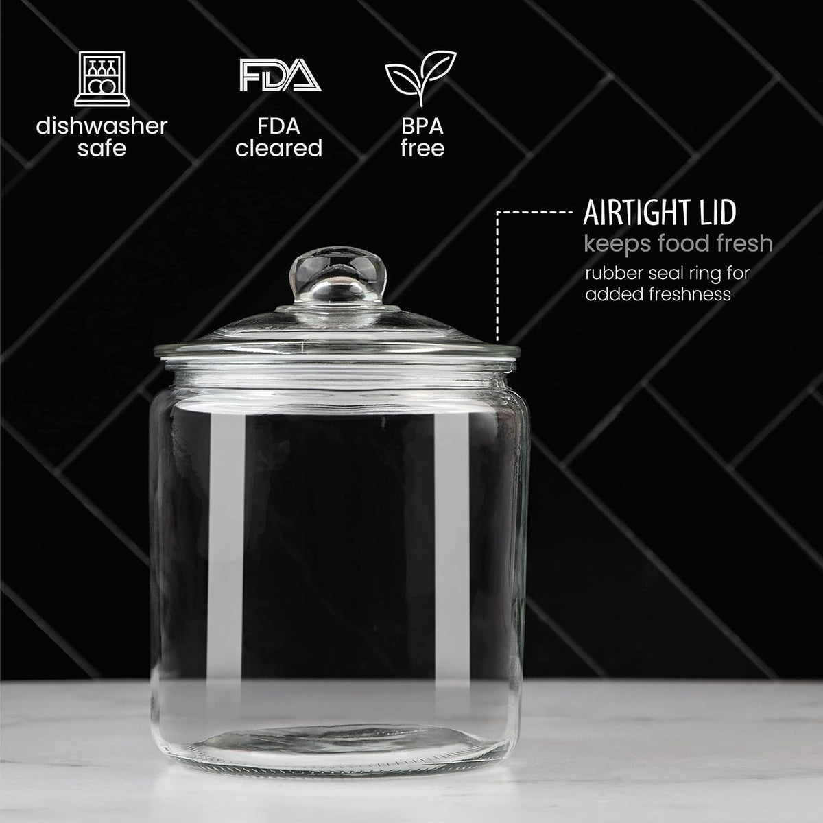 1 Gallon Glass Cookie Jar with Lid – Glass Jar with Lid - Airtight Food Storage Container for Cookies, Candy, Flour, Dog Treats – Clear Large Kitchen Jar for Pantry - Glass Containers with Lids
