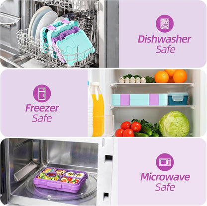 Bento Lunch Box for Kids, 6 Compartments BPA Free, Dishwasher Safe Back to School Snack Bento Lunch Containers Boxes, Ideal Portion Sizes for On-the-Go Meal, Ages 3+, School, Green Patterned