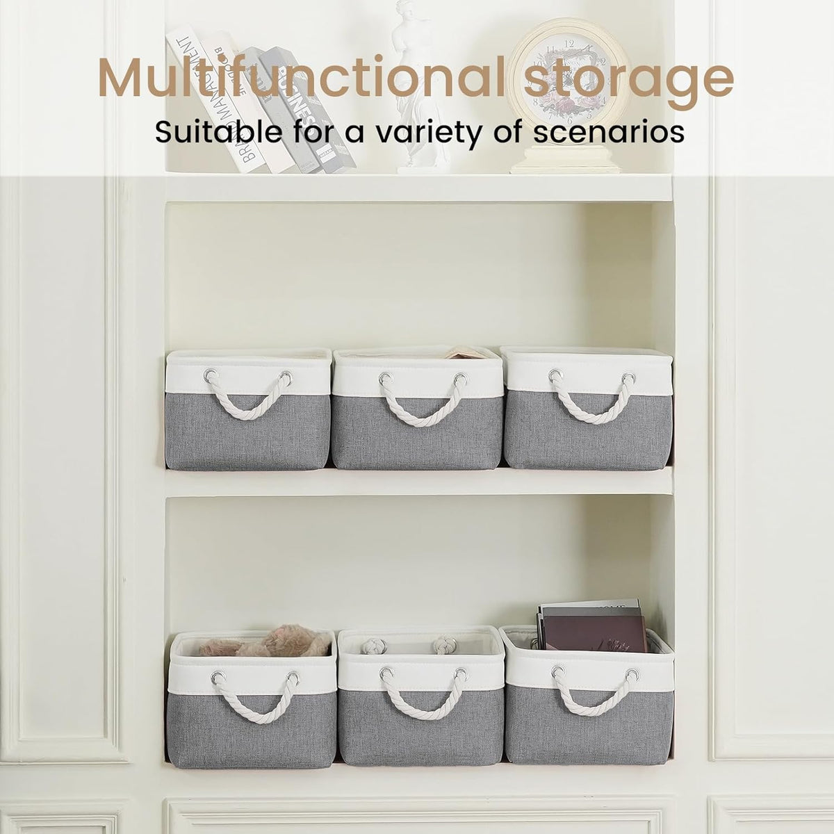 Large Storage Baskets- 15.7x11.8x8.26 inch Storage Bins for Shelves and Closet Organizing, Foldable Fabric Bin for Home Organization Clothes and Laundry (3-Pack, White&Khaki)