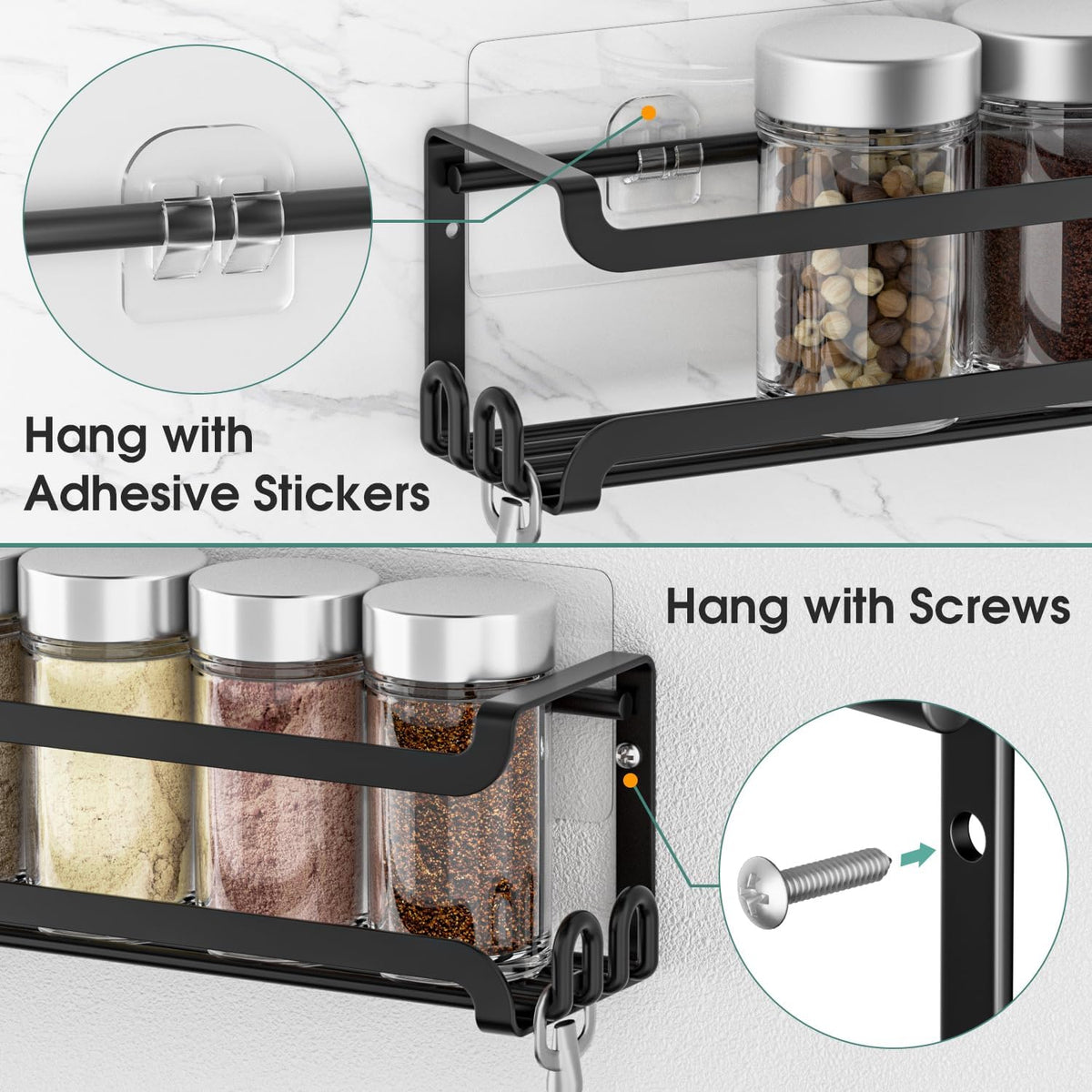 LUCYCAZ Wall Mounted Spice Rack with 8 Hooks, Spice Organizer Shelf for Stove Cabinet Pantry Door,Screw or Adhesive Spice Shelf Hanging Wall Spice Rack in Kitchen and RV (Black)