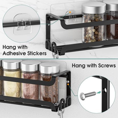 LUCYCAZ Wall Mounted Spice Rack with 8 Hooks, Spice Organizer Shelf for Stove Cabinet Pantry Door,Screw or Adhesive Spice Shelf Hanging Wall Spice Rack in Kitchen and RV (Black)