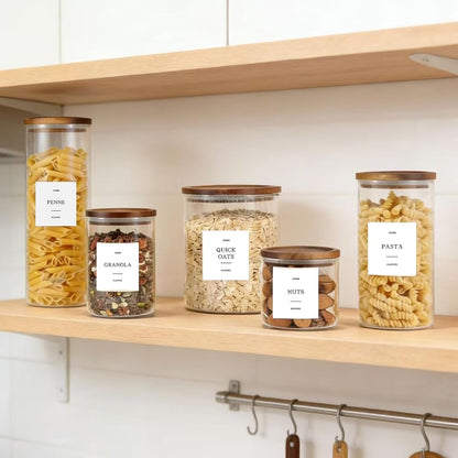 Glass Rice Containers with Acacia Wood Lids, 70oz Airtight Flour and Sugar Jars with 105 Labels, Large Glass Pantry Storage Jars for Cereal, Protein Powder, Cookies, Dry Food