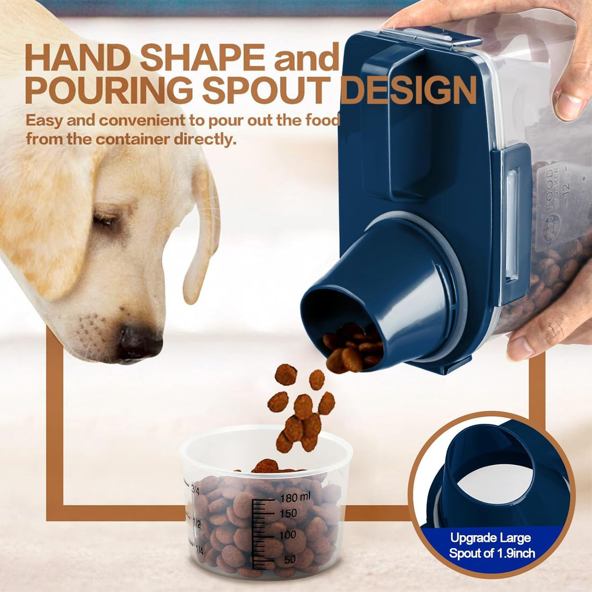 TIOVERY Upgraded Dog Food Storage Container Small, Cat Food Container Airtight, Pet Food Container Dispenser with Pour Spout, Measuring Cup and 4 Seal Buckles for Dogs, Cats, Birds (Grey)