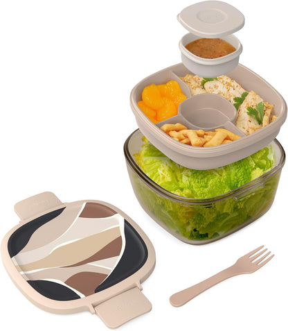 Bentgo Glass Prints Salad Container - 7.6-Cup Tinted Glass Salad Bowl with Airtight Lid, Leak-Proof Sauce Container, 4-Compartment Bento Meal Prep Tray & Reusable Fork (Floral Maximalist - Sea)