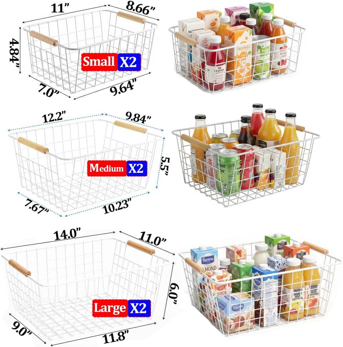 White Metal Wire Food Storage Basket with Wooden Handles for Organizing Snack Basket,Pantry Organizers and Storage for Kitchen Cabinets 4 Pack (Medium)
