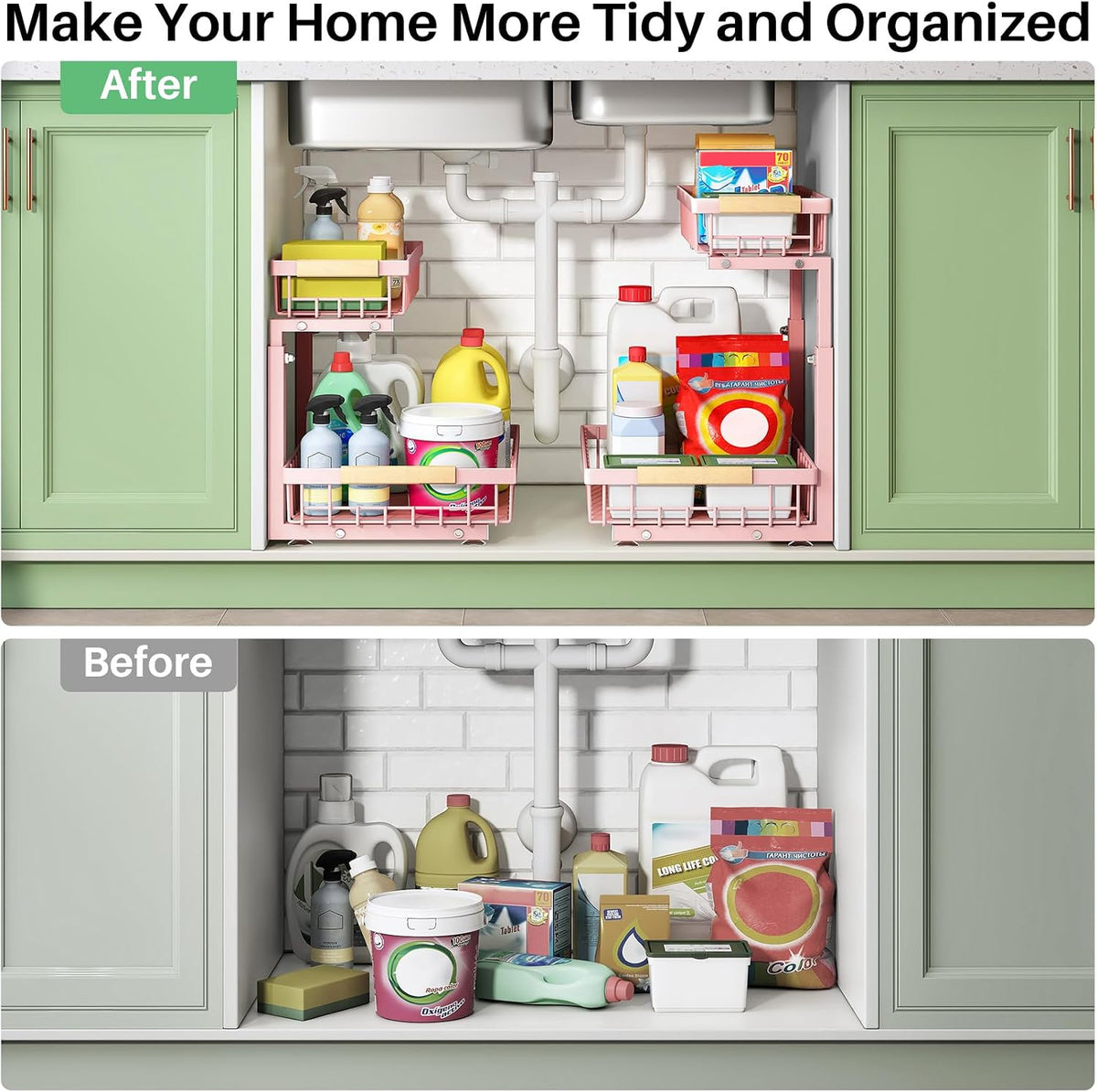 Kitstorack Under Sink Organizer, 2 Tier Under the Sink Storage, Slide out Pull out Cabinet Organizer Shelf, Metal Sliding Drawer for Kitchen Bathroom Pantry Closet Organization Rack, Black