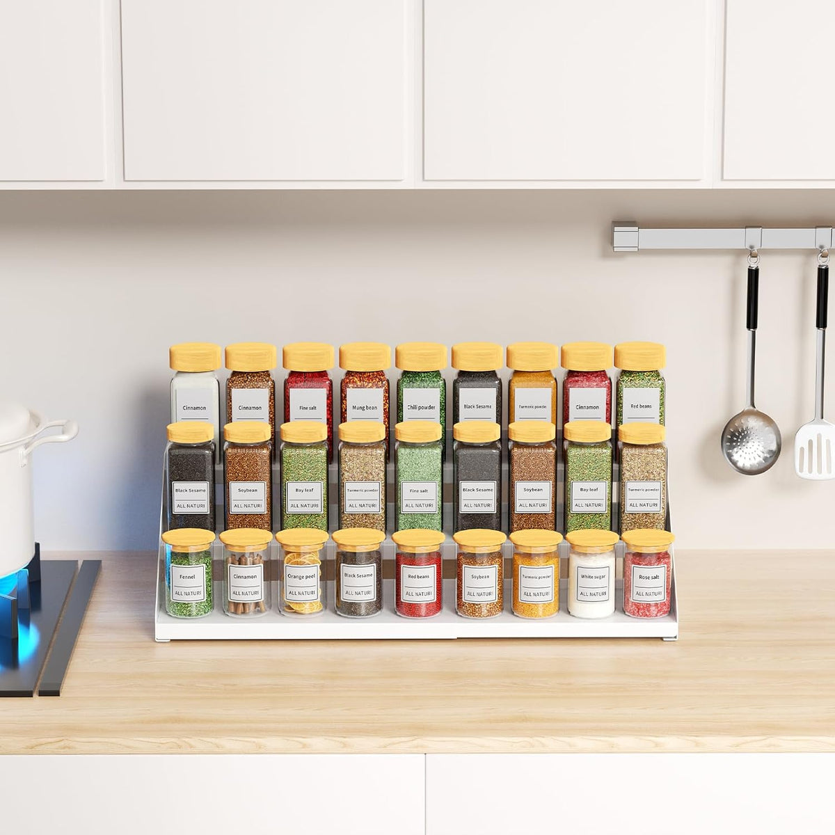 RCHYFEED Spice Rack Organizer for Cabinet, 3 Tier Spice Rack Expandable(13.4"-21.8"), Height Adjustable Spice Organization Shelf Metal Display Shelf, Spice Organization for Cabinet Countertop Pantry