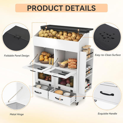 Verano Garden Potato and Onion Storage Bin on Wheels, Wood Bread Box with Lid & Mesh Doors, 4-Tier Rolling Fruit and Vegetable Storage Organizer w/Drawer & Side Rack for Kitchen (Rustic Brown, 16.0")
