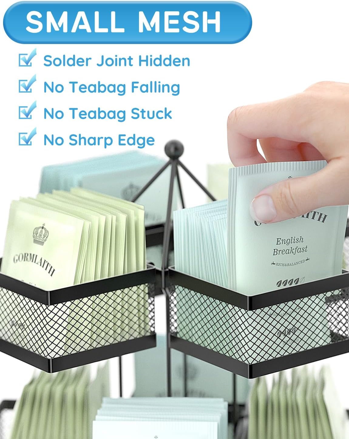 Tea Bag Organizer, Tea Bag Storage Holder Spinning Carousel 96 Teabags Container, Lazy Susan Coffee Creamer Sweetener Tea Caddy for Kitchen Counter Cabinet Pantry Shelf Organizer