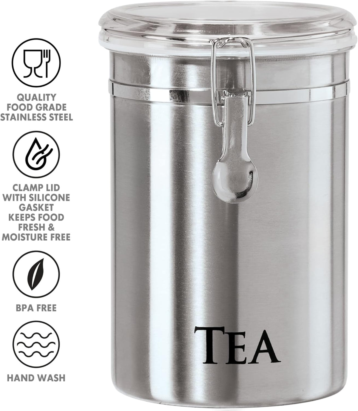 Oggi Stainless Steel Sugar Canister 62 fl oz - Airtight Clamp Lid, Clear See-Thru Top - Ideal Sugar Container for Countertop, Sugar Jar, Bulk Sugar Storage. Large Size 5" x 7.5".