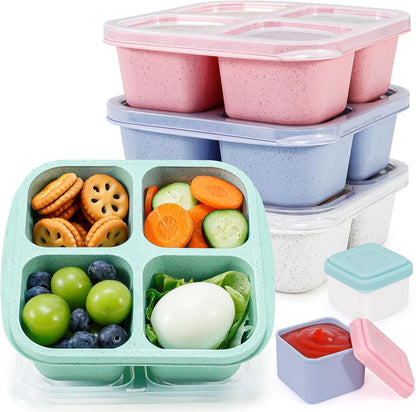 Caperci Lunchable Snack Containers - 4 Pack Bento Snack Boxes with 4-Compartment, 2 Leakproof Dip Cups, Reusable Divided Food Containers for School, Work, Travel (Jewel Brights)