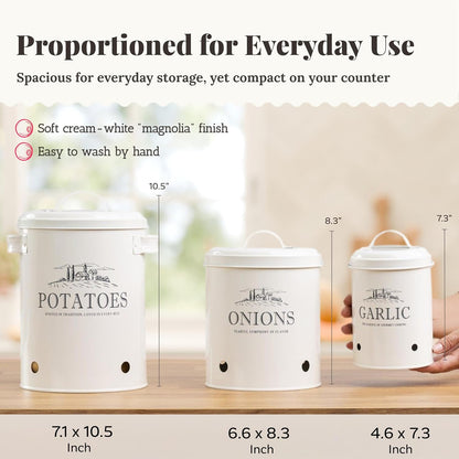 noonberry Potato and Onion Storage Bin Set – 3-Piece Ventilated Potato Storage Bin, Onion Storage Container and Garlic Container – Cream-White Magnolia Finish