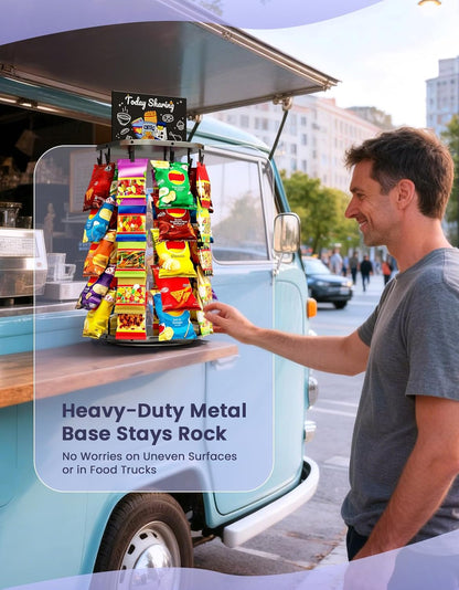 Chip Rack Display Stand with Heavy-Duty 360° Smooth-Rotating Metal Base, 5 Tiers 40 Clips Chip Bag Holder Display, Candy Stand, Snack Organizer for Countertop, Party, Store Concession Stand