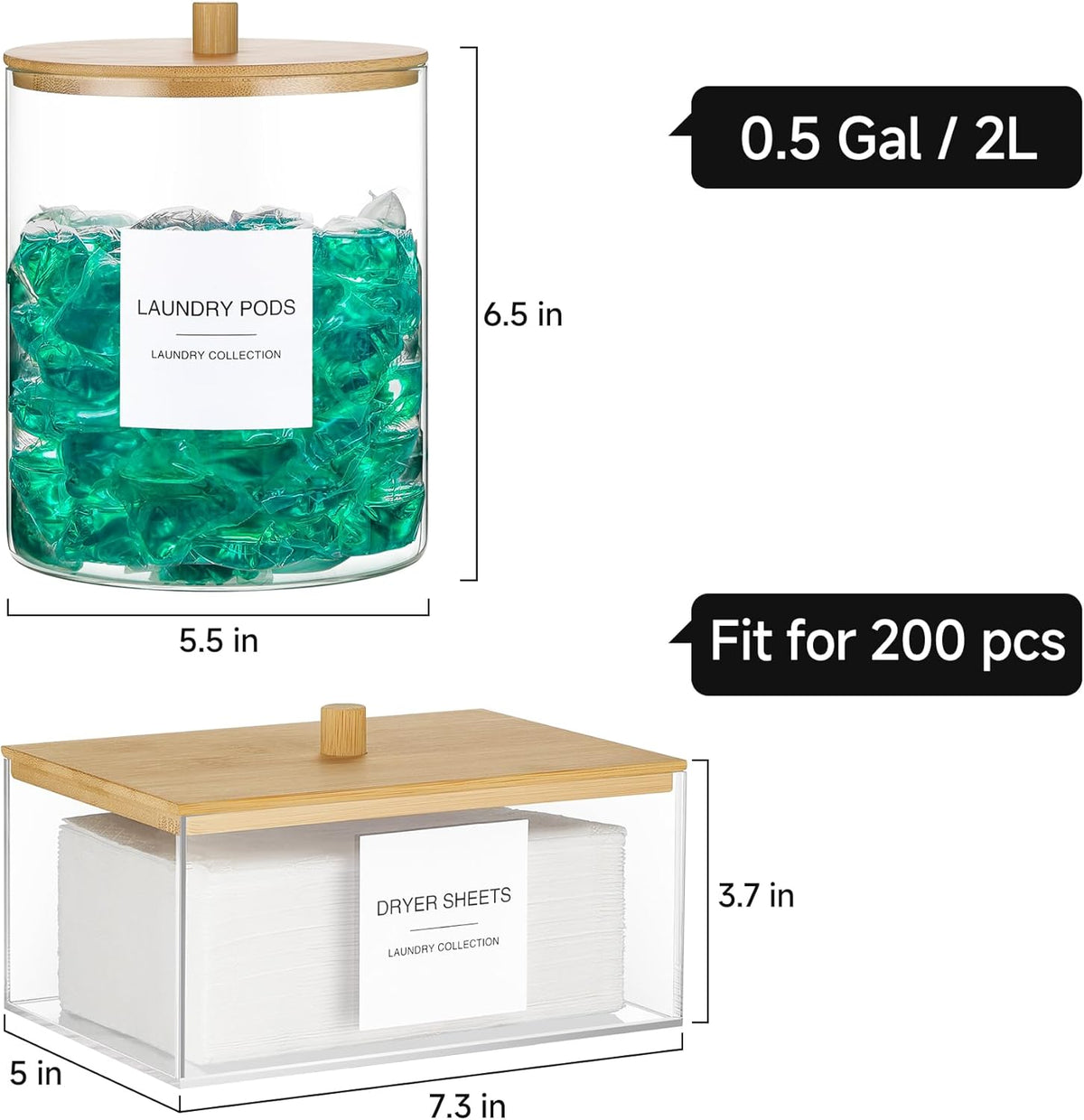 Glass Jars and Acrylic Dryer Sheet Holder, Laundry Pods Container with Bamboo Lid and 27 Labels, Powder Detergent Containers for Laundry Room Organization, Storage Jars Set (3 Pack, Black)