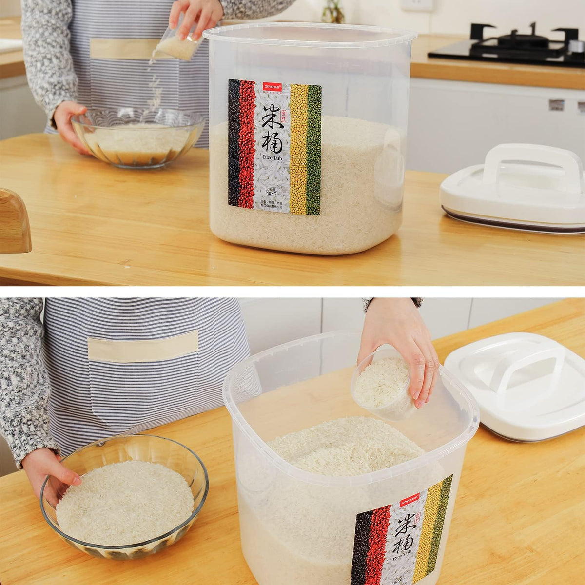 20-25 lbs Rice Dispenser,10.5 Qt/10 L/22-25 lbs Rice Container Storage with Measuring Cup & Brush Food Cereal Container Bins Household for Kitchen Pantry Organization (AY-10KG-WHITE)