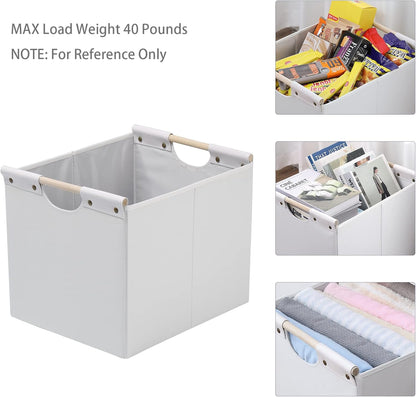 HOONEX Large Collapsible Storage Bins, Linen Fabric, Pack of 2, Storage Baskets with Wooden Carry Handles and Sturdy Heavy Cardboard, for Home, Office, Car, Nursery, Black