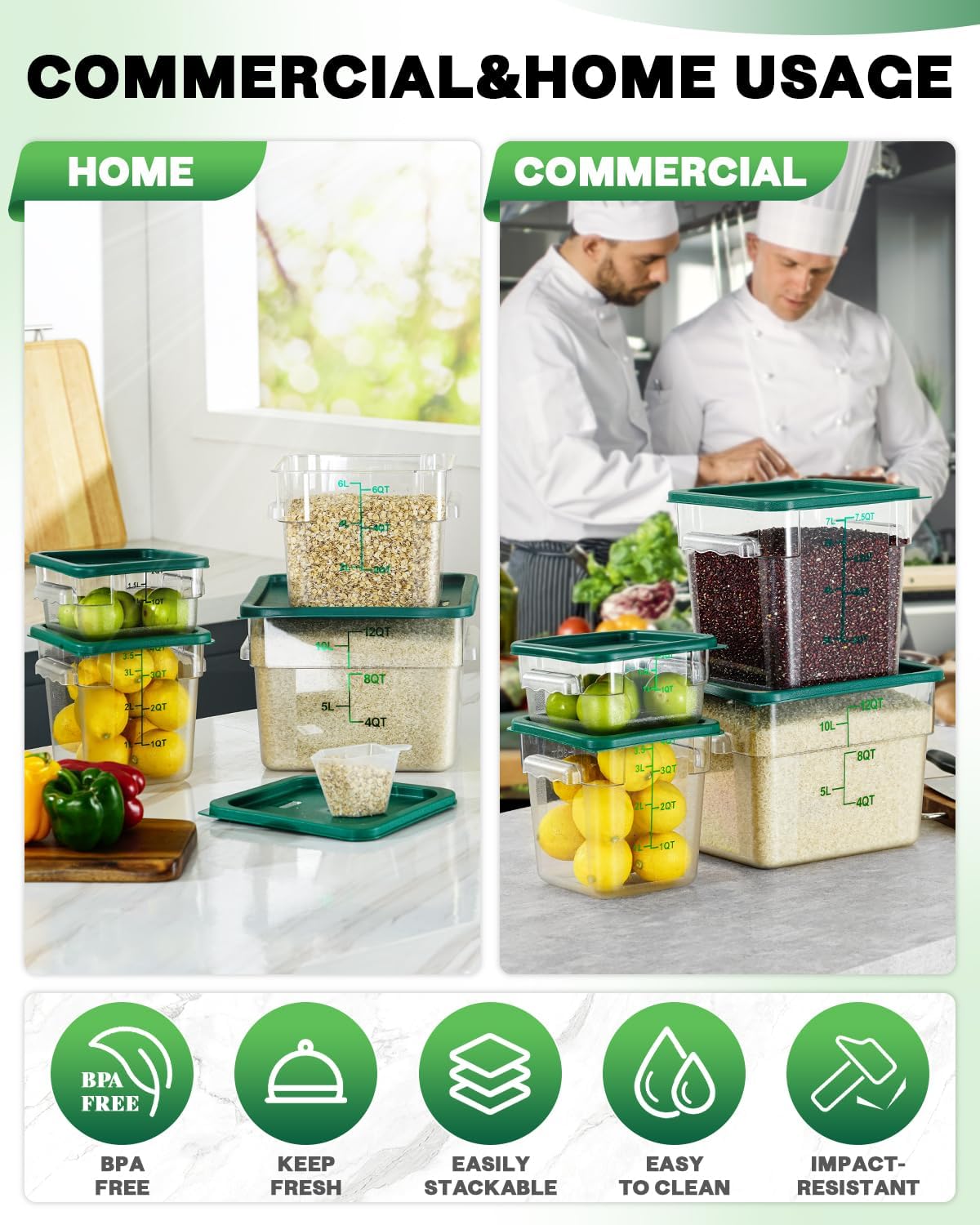 4QT NSF Food Storage Containers: 8 PCS [Food Grade][Hot&Cold Resistant] Commercial Clear Food Storage Containers with Lids for Restaurant Kitchen Proof Dough, Measuring Spoons Included(BPA FREE) - Colors A