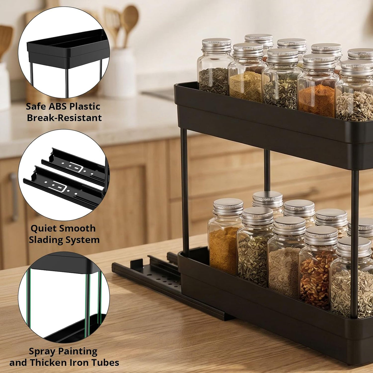 Pull Out Spice Rack Organizer for Cabinet, Slide Out Spice Racks Organizer, Spice Cabinet Organizers, Cabinet Size Need:12'' Highx11'' Deepx5'' Wide,Hold 10 Spice Jar Each Tier-2Tier, Black