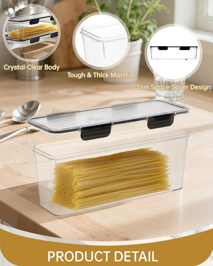EORTA Set of 2 Spaghetti Pasta Storage Container with Lid, (3.6L/2.8L) Clear Kitchen Pantry Organizer for Noodles, Flour & Dry Food, Plastic Canisters Keeper Box with Black Cover, Size M/L (Black)