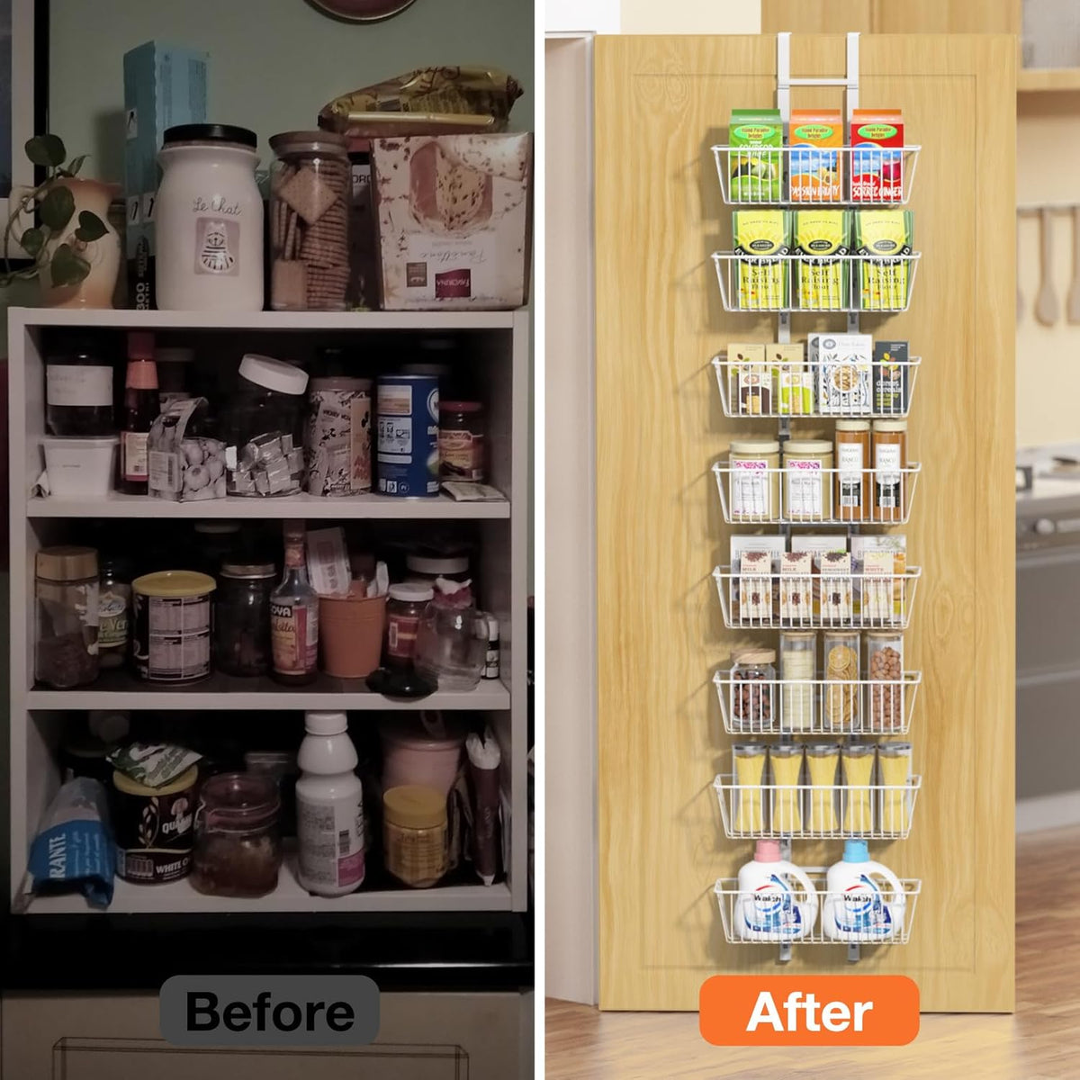 10 Tier Over the Door Pantry Organizer, Over the Door Spice Rack with Adjustable Baskets, Metal Hanging Door Pantry Organizers and Storage for Kitchen Bathroom Bedroom, White