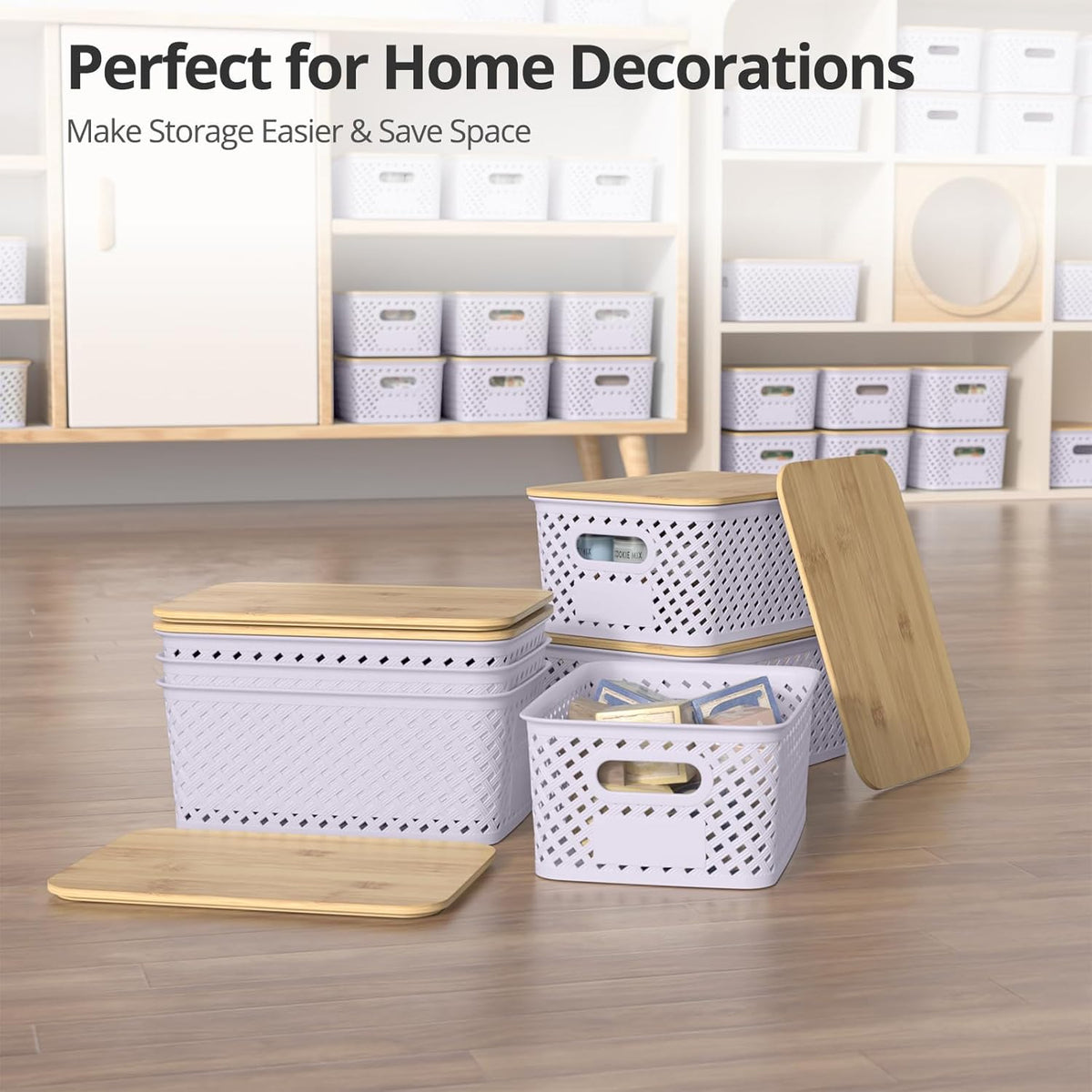 Plastic Storage Bins with Bamboo Lids, Stackable Small Box Baskets for Organizing and Containers for Shelves Drawers Desktop Closet Pantry Classroom Office Home, 6 Pack 10.2x7.2x4.1 Inch, Black