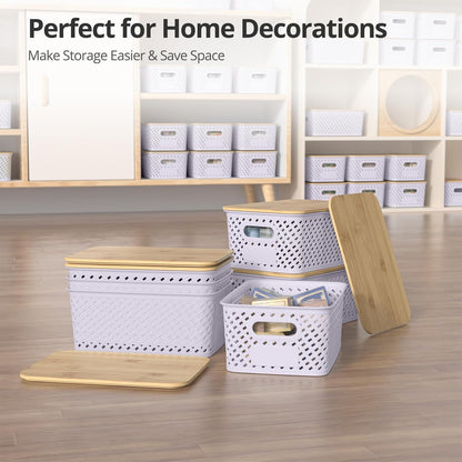Plastic Storage Bins with Bamboo Lids, Stackable Small Box Baskets for Organizing and Containers for Shelves Drawers Desktop Closet Pantry Classroom Office Home, 6 Pack 10.2x7.2x4.1 Inch, Black