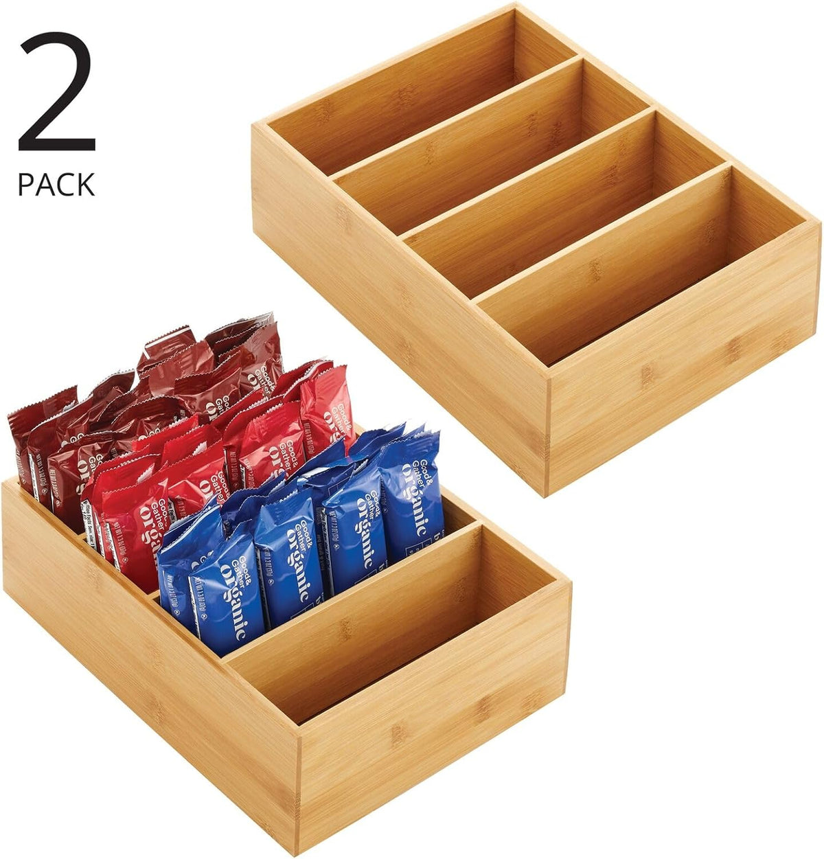mDesign Bamboo Wood Compact Food Storage Organizer Bin Box - 4 Divided Sections - Holder for Seasoning Packets, Pouches, Soups, Spices, Snacks - Natural