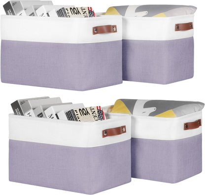 Univivi 4PC Small Fabric Storage Bins,15x6x5 inch Long Narrow Storage Baskets with PU Handles for Closet,Cabinet,Countertop Organizing Small Items (Gray,15x6x5 inch)