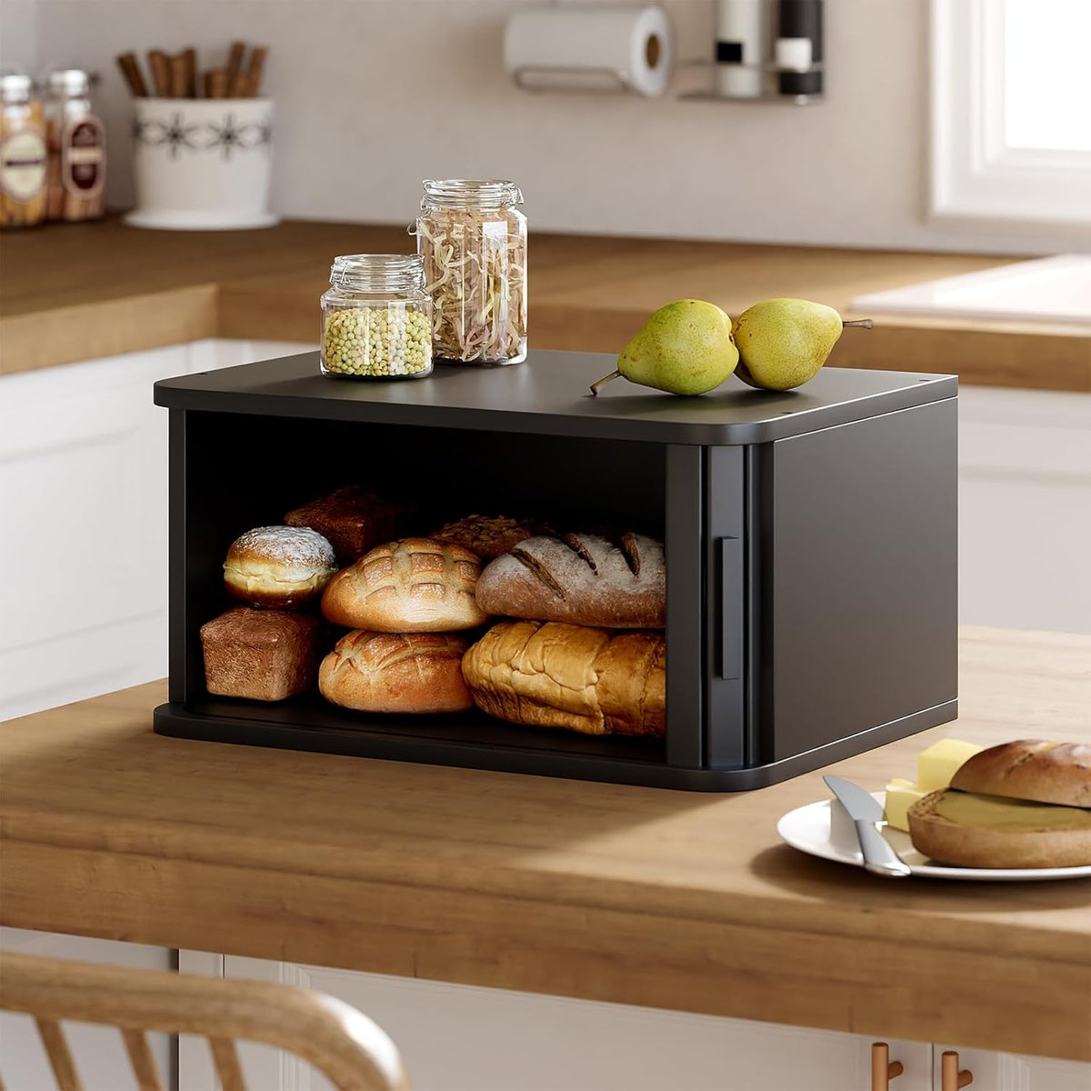 WOWLIVE Bread Box for Kitchen Countertop, Large Roll Top Bread Boxes with Sliding Door, Airtight Bread Storage Container for Loaves, Pastries & Bagels, Bamboo Counter Organizer (Natural, Medium)
