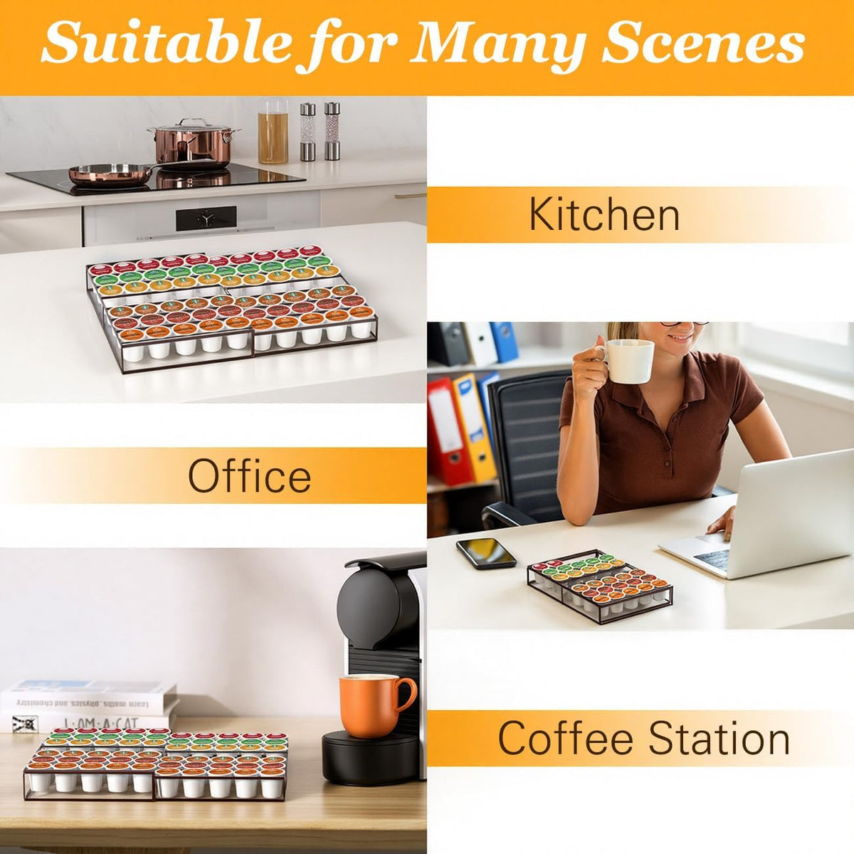 Coffee Pod Holder Drawer, Expandable K Cup Holder Compatible with Keurig K-Cup, K Cup Drawer Organizer Hold 30-60 Coffee Pod Storage for Coffee Station Office and Kitchen, Black
