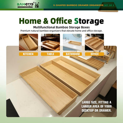 BAMOTTO CRAFTBAMBOO Stack Bamboo Drawer Organizer Set of 5, Kitchen Utensil, Flatware&Silverware Organizer-Wood Laminated Stackable for Kitchen, Bedroom, 13.4''x4.5''*2+10.2''x3.3''*2+10.2''x6.7''*1