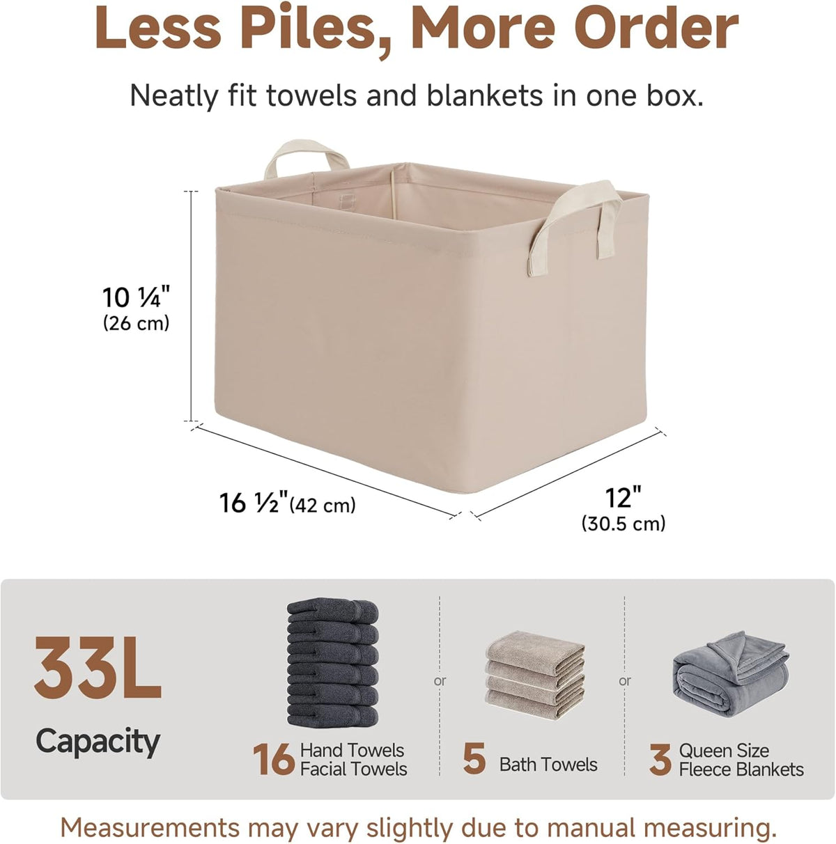 StorageWorks Storage Bins, Shelves Baskets for Organizing, Fabric Closet Organizers with Handles, Metal Frame, Beige-Cotton-linen, 2-Pack