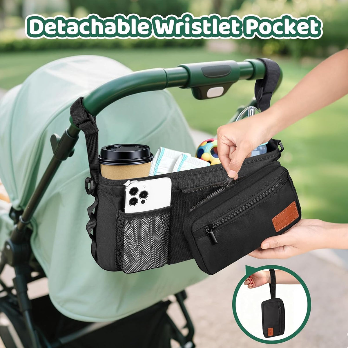 Guiseapue Universal Stroller Organizer with Cup Holder: Baby Essentials, Stroller Caddy Accessories with Detachable Phone Bag, Non-Slip Straps, Fits for Uppababy, Baby Jogger, New Moms Baby Gifts