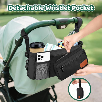 Guiseapue Universal Stroller Organizer with Cup Holder: Baby Essentials, Stroller Caddy Accessories with Detachable Phone Bag, Non-Slip Straps, Fits for Uppababy, Baby Jogger, New Moms Baby Gifts