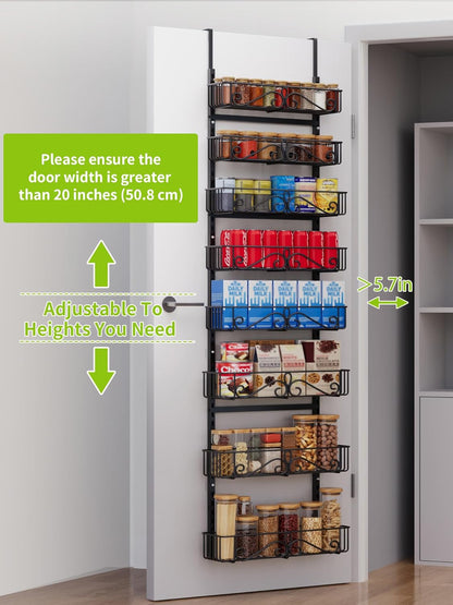 6-Tier Over the Door Pantry Organizer, Pantry Organization And Storage, Hanging Storage Organizer Spice Rack Metal Shelving for Home & Kitchen, Office Laundry Room Bathroom Black