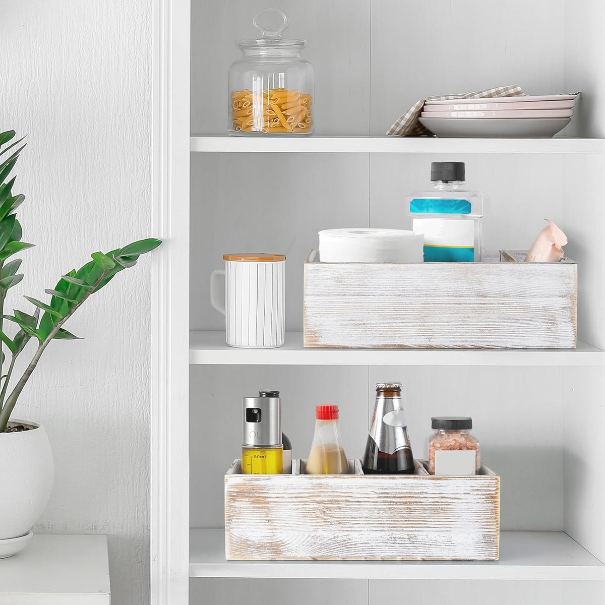 DRASTAR Pantry Organization and Storage Bins, Seasoning Packet Organizer with Removable Dividers,Wooden Storage Caddy for Kitchen, Pantry, Cabinet, Countertop， Whitewashed