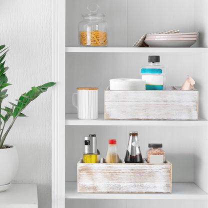 DRASTAR Pantry Organization and Storage Bins, Seasoning Packet Organizer with Removable Dividers,Wooden Storage Caddy for Kitchen, Pantry, Cabinet, Countertop， Whitewashed